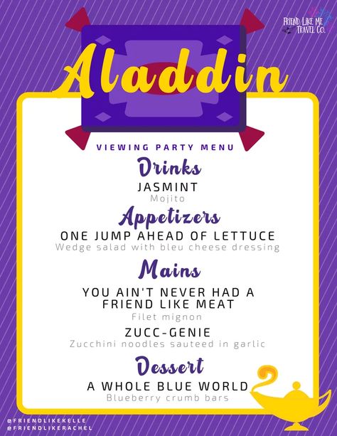 Aladdin Disney Movie Themed Dinner, Themed Dinners Ideas, Disney Movie Night Menu, Disney Themed Movie Night, Disney Movie Night Food, Disney Movie Night Dinner, Disney Menus, Movie Night Dinner, Movie Night Theme