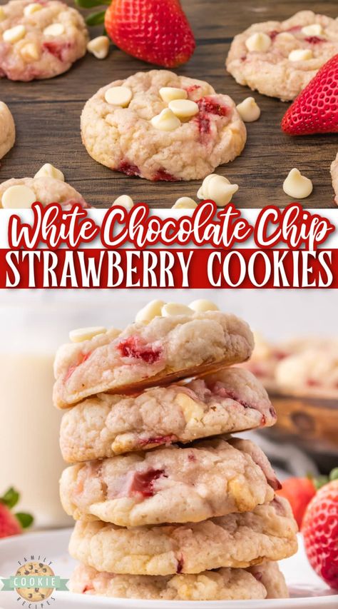 Easy Xmas Dessert, Strawberry Cookie Recipe, Strawberry Chocolate Chip Cookies, Bake Sale Treats, Strawberry Shortcake Cookies, Strawberry Cookie, Cookie Recipes From Scratch, White Chocolate Strawberries, Basic Cookies