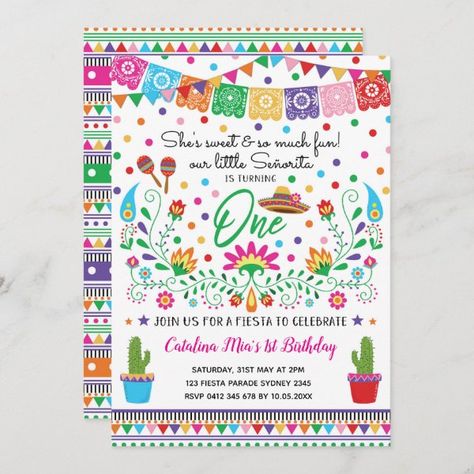 Mexican Fiesta Senorita 1st Birthday Party Invite Mexican Fiesta Birthday Party, Cactus Invitation, Mexican Invitations, Twin Birthday Parties, Fiesta Birthday Party, Fiesta Theme Party, 1st Birthday Party Invitations, Fiesta Birthday, Birthday Party Invite