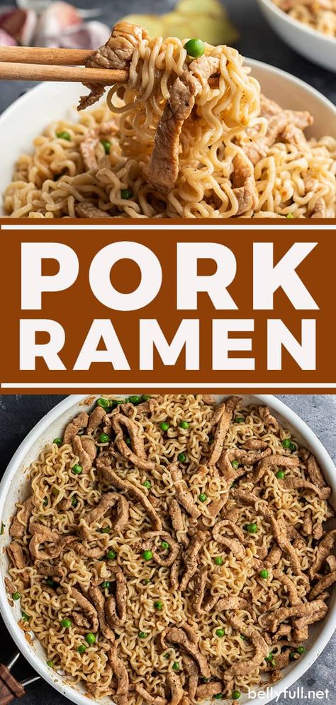 Easily dress up Ramen noodles with a sweet and sour sauce, baby peas, and tender pork loin strips! This Pork Ramen recipe is a quick and easy, delicious dinner. Asian Pork Noodle Recipes, Dress Up Ramen Noodles, Pork Ramen Stir Fry, Leftover Pork Loin Recipes, Pork Ramen Recipe, Tender Pork Loin, Sour Strips, Hibachi Rice, Fried Ramen