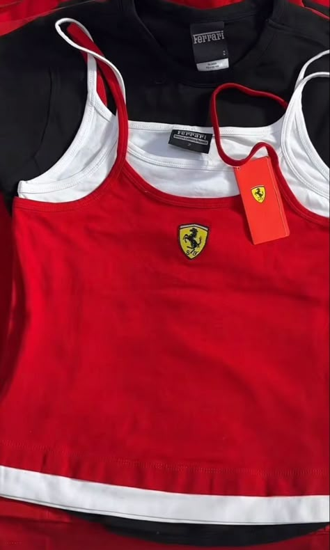 Ferrari Tank Top, Ferrari Crop Top, Ferrari Merch Aesthetic, Ferrari Clothes Women, Ferrari Aesthetic F1, F1 Fits, Ferrari Clothes, Ferrari F1 Charles Leclerc, Ferrari Merch