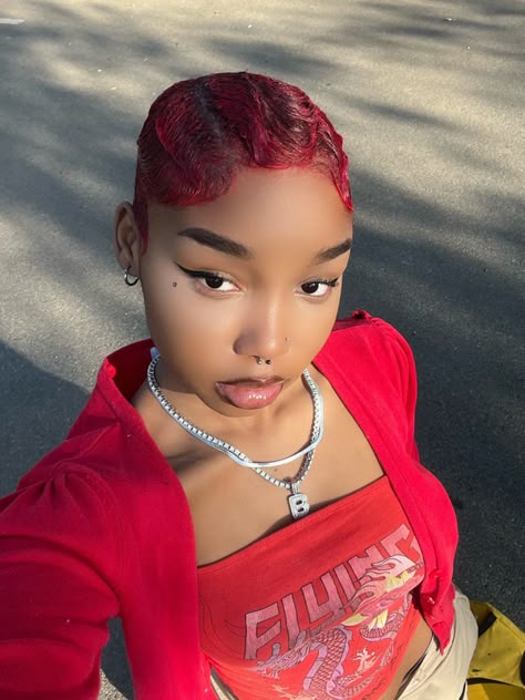 Dark Red Short Hair Black Women, Maroon Short Hair Black Women, Burgundy Fingerwaves, Red Pixie Cut On Black Women, Red Buzzcut Women, Red Finger Waves Black Women, Red Short Hair Ideas, Short Red Natural Hair Black Women, Red Short Hair Black Women