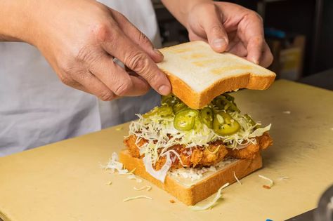 How to Make Chicken Katsu Sando With Tonkatsu Recipe - Thrillist Chicken Sando Recipe, Tonkatsu Recipe, Katsu Sando, Japanese Sandwich, Grilled Rice, Tonkatsu Sauce, Japanese Chicken, Chicken Katsu, Easy Japanese Recipes