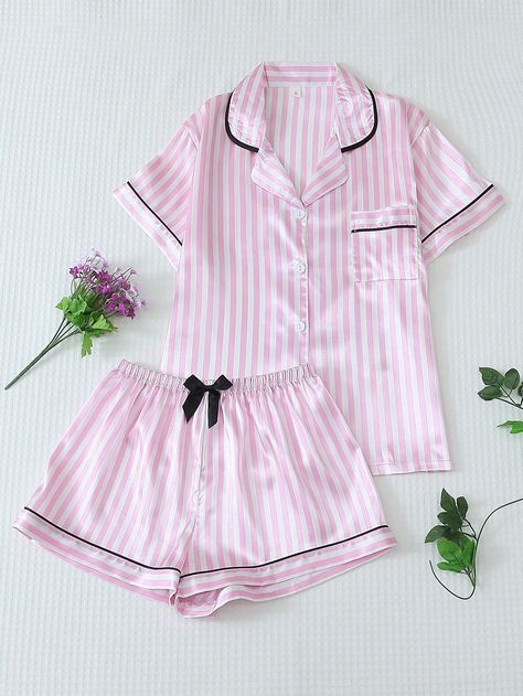 2pcs Satin Pajama Set With Short Sleeve Collared Shirt And Bow Tie Striped Shorts For Women, Summer LoungewearI discovered amazing products on SHEIN.com, come check them out! Shein Pajama Set, Cute Pajama Sets For Women, Pink Pajamas Aesthetic, Pjs Preppy, Pijama Shein, Coquette Pajamas, Preppy Pjs, Pyjamas Cute, Princess Sleepwear