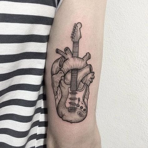 Pointillism Tattoo, Guitar Tattoo Design, 50 Tattoo, Rip Tattoo, Tattoo Quotes For Men, Tattoo Catalog, Rock Tattoo, Guitar Tattoo, Music Tattoo Designs