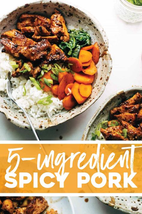 5 Ingredient Spicy Pork! A fancy-feeling dinner recipe that actually comes together in snap. Serve it in bowls, stir-fry it with some veggies, or add it to burritos! #bowls #easydinner #pork 5 Ingredient Or Less Recipes, Pork Bowl Recipe, Garlic Pork, Pinch Of Yum, Soy Curls, Pork Recipes Easy, Easy Summer Dinners, Spicy Pork, Pork Recipe