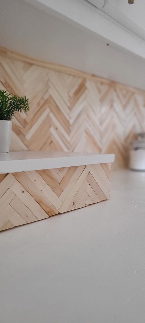 DIY Popsicle Stick Herringbone Backsplash - Project In Progress | DIYs for the Home Popsicle Stick Herringbone, Herringbone Backsplash Kitchen, Popsicle Stick Diy, Diy Popsicle Stick Crafts, Paint Stir Sticks, Herringbone Wall, Diy Kitchen Backsplash, Sticks Furniture, Stick Wall Art