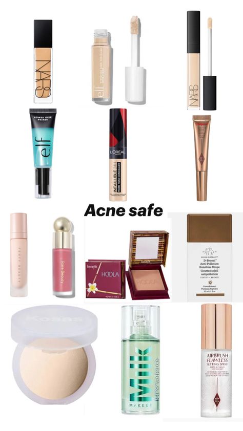 Makeup for acne prone skin. Acne Prone Skin Makeup, Drugstore Makeup Must Haves, Best Concealer For Acne, Acne Safe Makeup, Makeup Artist Kit Essentials, Makeup Drugstore, Beauty On A Budget, Safe Makeup, Acne Makeup