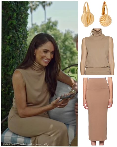 Camel Top Outfit, Meghan Markle Style 2023, Sleeveless Turtleneck Outfit, Camel Outfit, Meghan Markle Outfits, Chic Outfits Classy, Turtleneck Outfit, Corporate Attire, Meghan Markle Style