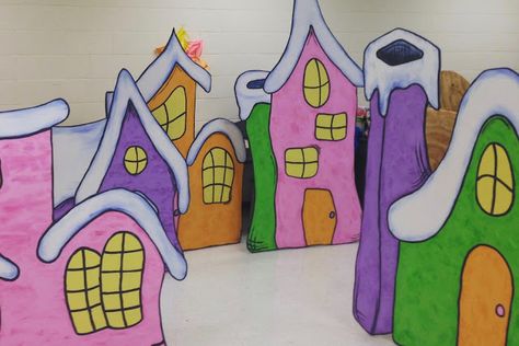 Whoville Houses, Creative Pants, Seussical Jr, Door Decorations Classroom Christmas, Master Of None, Gingerbread House Template, Cardboard Houses, Ward Christmas Party, Whoville Christmas