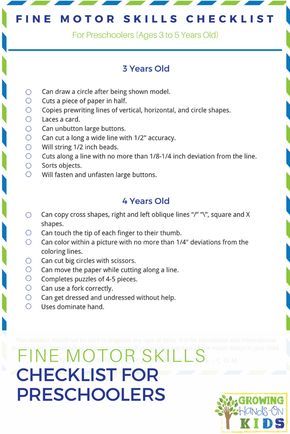 Fine motor skills checklist for preschoolers ages 3-5. Perfect for home, classroom, or therapy sessions.