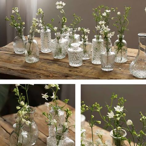 TINANA Glass Vases, Clear Bud Vases in Bulk, Set of 10 Small Vases for Centerpieces, Mini Glass Vintage Vases for Wedding Decorations, Home Table Flower Decor - Walmart.com Decorations For Engagement Party At Home, Small Glass Vases With Flowers, Rustic Chic Wedding Table Decor, Single Flowers In Vases, Table Decorations For Engagement Party, Simple Long Table Decor, Different Vases Centerpiece, Forest Green Wedding Table Decor, Fall Floral Table Arrangements