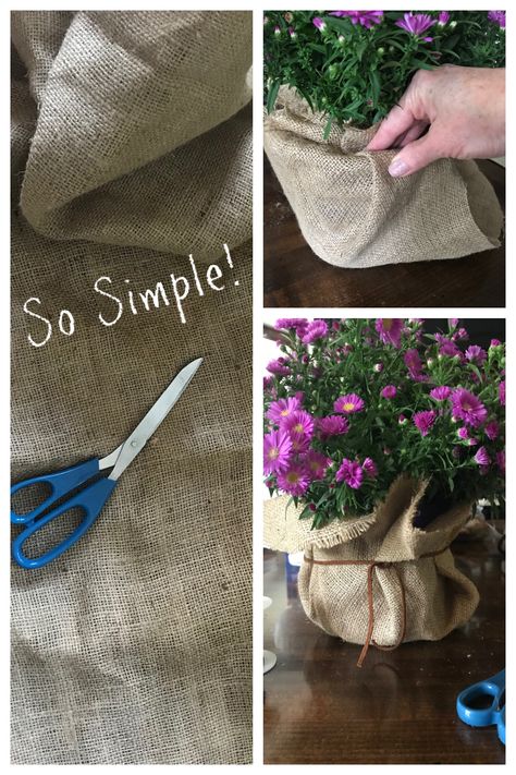 Burlap Flower Pot Covers, Diy Pot Covers Plants, Burlap Planters Diy, Burlap Covered Flower Pots, Covering Flower Pots With Fabric, Burlap Pots Cover Diy, Burlap Plant Pot Cover, Cover Plastic Pots, Burlap Wrapped Pots