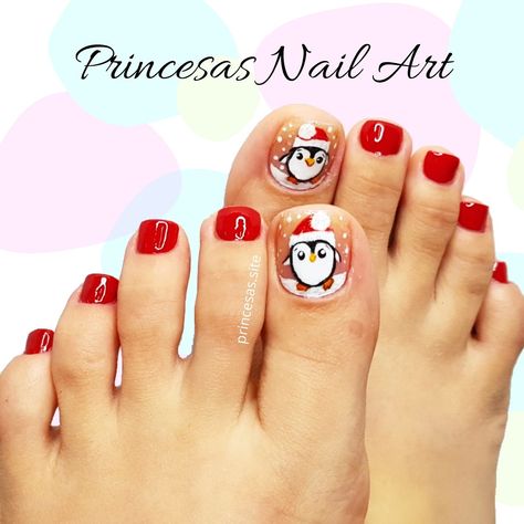 Uñas decoradas delos pies en color rojo con blanco y pingüino, mano alzada. Pinceladas fáciles y sencillas Blossom Nails, Cherry Blossom Nails, Color Rojo, Christmas Nails, Nail Art Designs, Manicure, Nail Art, Nails, Anime