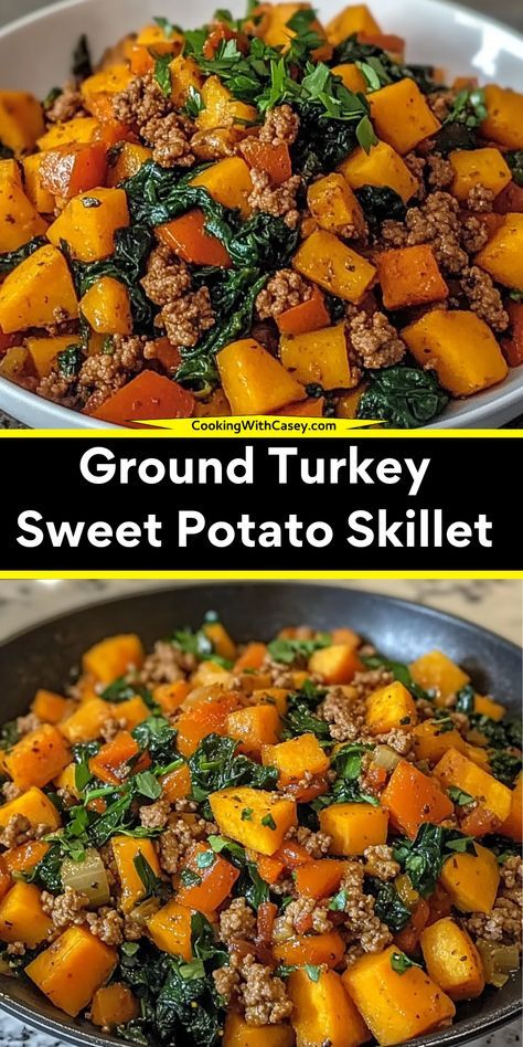 This one-pan Ground Turkey Sweet Potato Skillet is a wholesome, gluten-free meal made with tender turkey, sweet potatoes, and fresh veggies. Perfect for busy weeknights, it’s packed with nutrients and full of cozy flavors.  Ingredients:  1 lb ground turkey 2 medium sweet potatoes, peeled and diced 1 bell pepper, chopped 2 cups spinach, chopped Savor the comforting blend of seasoned turkey, tender sweet potatoes, and vibrant veggies in this simple skillet meal. It’s healthy, hearty, and family-approved! Sweet Potatoes Skillet Recipes, Turkey Burger Sweet Potato Skillet, Quick Healthy One Pot Meals, Meal Prep Skillet Meals, Easy Healthy Dinner Sweet Potato, Sweet Potato With Ground Turkey, Quick Healthy Ground Turkey Recipes, Meat With Sweet Potatoes, Easy Dinner Recipes Sweet Potato