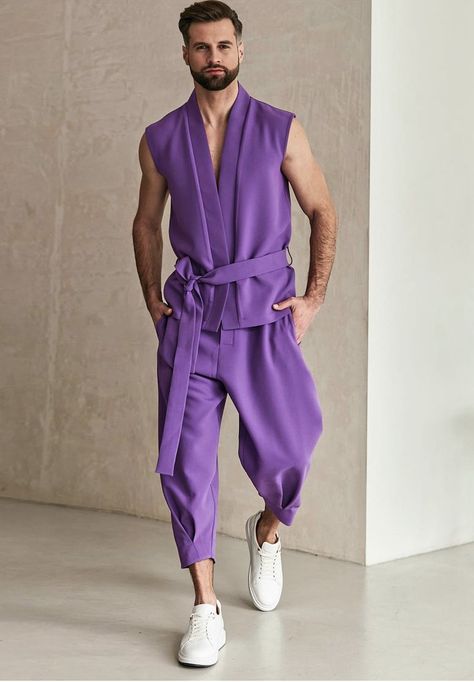 Fun Mens Fashion, Unique Fashion Men, Men Purple Outfit, Mens Jumpsuit Fashion, Sleeveless Kimono, High Fashion Men, Cool Outfit, Queer Fashion, Mens Casual Dress Outfits