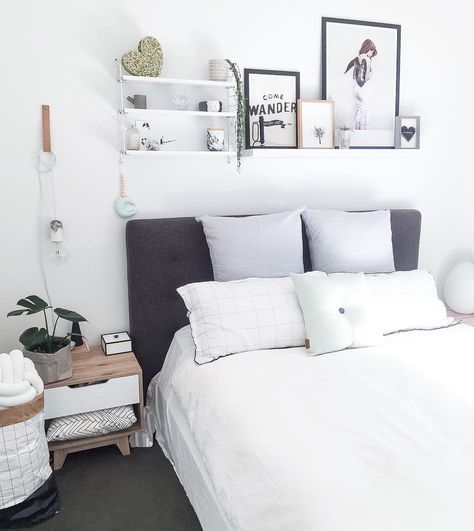 See why shelves above your bed can be so great. Wall Bookshelves Bedroom, Shelves Above Bed, College Dorm Room Hacks, Shelf Over Bed, Bedroom Above Bed, Shelf Above Bed, Ikea Floating Shelves, Floating Shelves Bedroom, Wall Shelves Bedroom