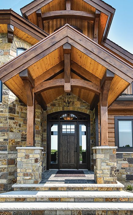 Timber Frame House Exterior, Wooden Homes Exterior, Luxury Log Cabins Exterior, Stone And Timber House, Stairs By Front Door, Modern Lodge Exterior, Timber House Exterior, Timber House Design, Log House Exterior