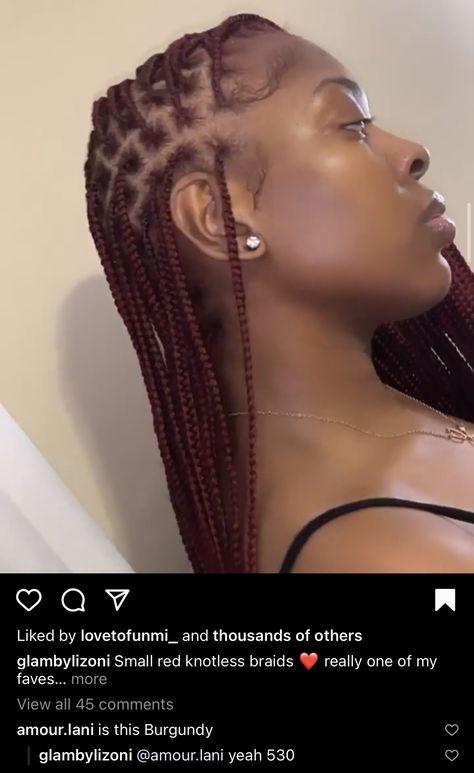 Burgundy Knotless Braids On Black Hair, Black And Burgundy Knotless Braids, Small Burgundy Knotless Braids, Knotless Box Braids Color Burgundy, 99j Box Braids, Small Burgundy Knotless Box Braids, Auburn Knotless Box Braids, Auburn Knotless Braids, 99j Knotless Braids