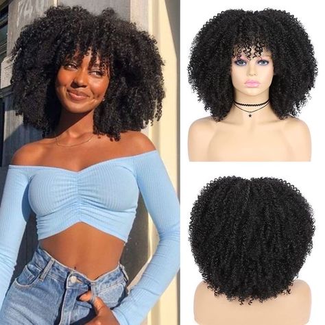 Curly Hair Wig With Bangs, Afro Curly Wigs For Black Women, Short Curly Wig With Bangs, Fluffy Wigs For Black Women, Crochet Afro With Bangs, 70s Wig Black Women, Crochet Wig For Black Women, Afro Wig Hairstyles, Curly Bangstyle Hair Black Women