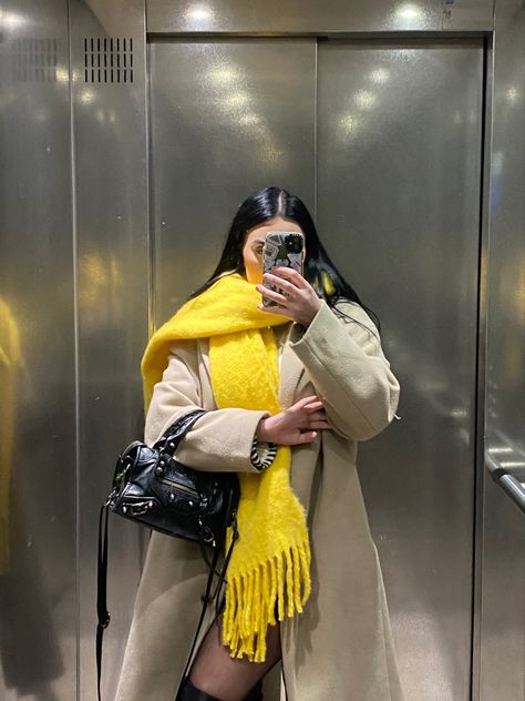 Yellow Scarf Outfit Winter, Yellow Scarf Outfit, Scarf Outfit Winter, Yellow Scarf, Scarf Outfit, Outfit Winter, Clothing Essentials, Christmas Wishlist, Instagram Pictures