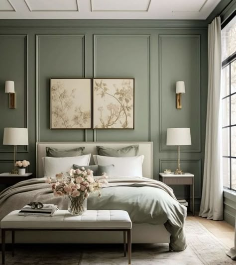 Interior Design Bedroom Colour, Sage Green Interiors, Master Bedrooms 2024 Trends, Soothing Interiors, Light Green Bedrooms, Green And White Bedroom, Sage Bedroom, Green Bedroom Walls, Bedroom Design Modern