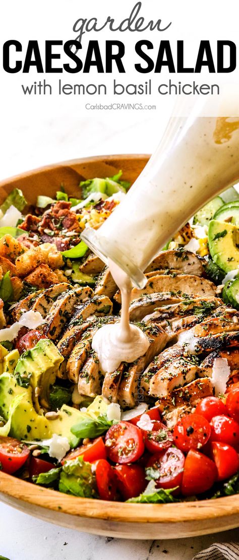 Chicken Caesar Salad with Lemon Basil Chicken - Carlsbad Cravings Salads Easy, Delicious Salad Recipes, Chicken Breast Salad, Chicken Caesar Salad Recipe, Lemon Basil Chicken, Homemade Caesar Salad Dressing, Grilled Chicken Caesar Salad, Spring Mix Salad, Carlsbad Cravings