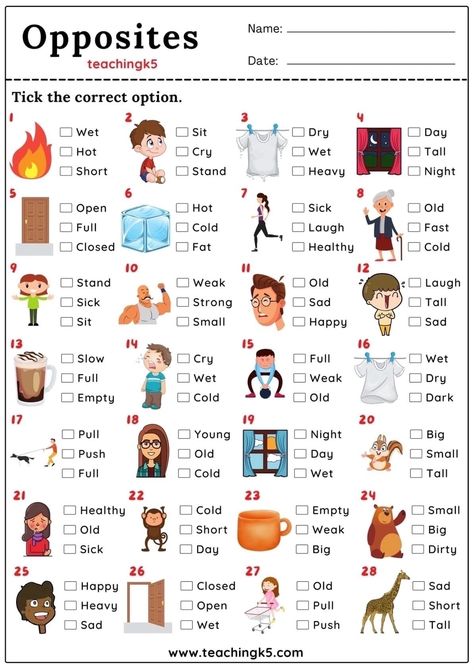 Opposite Adjectives Worksheets, Opposite Words For Kids Worksheet, Opposite Words Worksheet, Opposite Worksheet, Opposite Words For Kids, Opposites Worksheet, Basic English Grammar Book, Teach English To Kids, Basic English Sentences