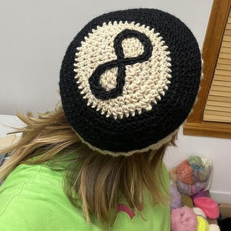 Crochet 8 ball beanie hat handmade by me PLEASE... - Depop Crochet Beanie Outfit, 8ball Crochet, 8 Ball Crochet Hat, 8 Ball Embroidery, Crochet 8 Ball Beanie, 8 Ball Beanie, 8 Ball Crochet Beanie, Crochet 8 Ball, Crochet Inspo Aesthetic