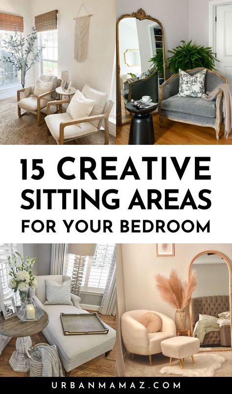 Looking for sitting areas for your bedroom? Check out these 15 creative master bedroom sitting area ideas. Living Room Area In Bedroom, Bedroom With Chaise Lounge Master Suite, Sofa In Bedroom Aesthetic, Bedroom Window Seating Ideas, Main Bedroom Sitting Area, Lounge Space In Bedroom, Sitting Bedroom Ideas, Hallway Sitting Area Ideas, Master Suite Sitting Area Ideas