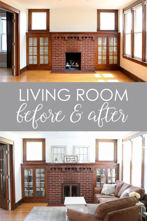 Check out this before and after of a 1925 living room update. Still a work in progress, but getting a little better every day | 1920s home | 1920s living room | mantle with built in book cases | craftsman home living room | Crazy Together blog Craftsman Home Decor Living Room, Updating 1920s Home, 1910 Living Room, Craftsman Living Room Layout, Old House Living Room Ideas, Craftsman Style Homes Interior Living Room, 1920 Dining Room, Small Craftsman Living Room, Old Home Living Room