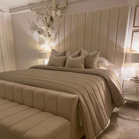 High Headboards Bedroom, Cream Super King Bed, Nude Velvet Bed, Cream Plush Velvet Bed, Super King Size Bed Luxury, Cream Velvet Bedroom Ideas, Cream Fabric Bed, Cream Master Bed, Bedroom With Cream Bed