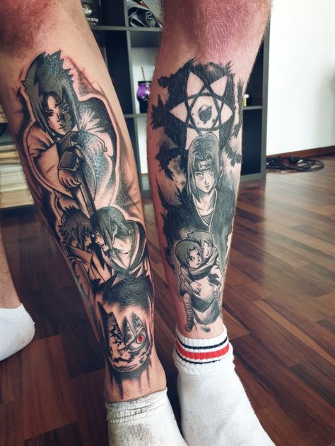 Naruto Leg Tattoo, Anime Leg Sleeve Tattoo, Naruto Tatoos, Uchiha Tattoo, Mens Owl Tattoo, Left Arm Tattoos, Sasuke Itachi, Tattoo Leg, Naruto Tattoo