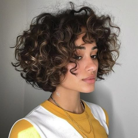 Short Edgy Curly Hair, Curly Bob With Glasses, Edgy Curly Bob, Round Curly Bob, Chin Length Curly Bob Hairstyles, Short Hair Big Curls, Short Short Curly Hair, Curly Pixie With Bangs, Chin Length Curly Hair