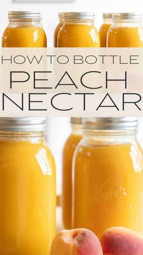 Peach Nectar Recipe, Canning Peaches, Canning Kitchen, Canned Juice, Peach Drinks, Peach Nectar, Peach Syrup, Lemon Potatoes, Canned Fruit