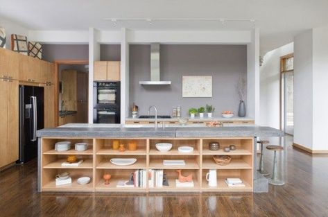 kitchen island open shelving ideas Wooden Shelf Design, Long Narrow Kitchen, Narrow Kitchen Island, Functional Kitchen Island, Island Storage, Kitchen Island Storage, Cottage Shabby Chic, Regal Design, Kitchen Island With Seating