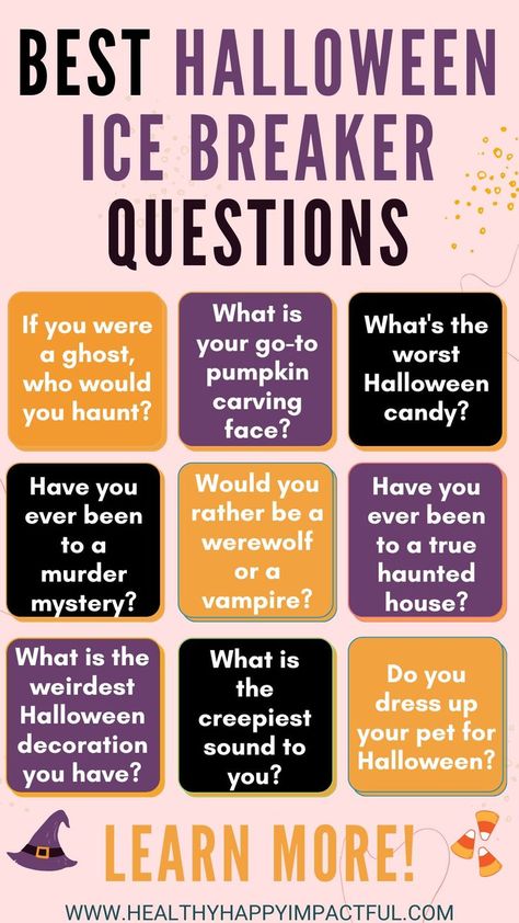 Square examples of Halloween icebreakers Ice Breaker Questions For Kids, Questions To Ask Friends, Questions To Ask Kids, Ice Breaker Games For Adults, Halloween Questions, Funny Ice Breakers, Icebreakers For Kids, Family Conversation Starters, Ice Breaker Game