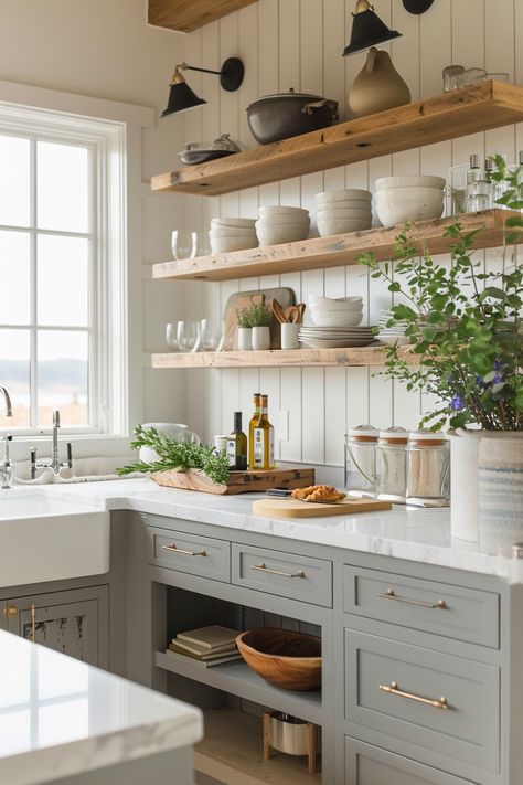 Farmhouse Kitchen Cabinet Ideas - Quiet Minimal No Uppers In Kitchen, L Shaped Kitchen No Upper Cabinets, Kitchen Design No Upper Cabinets, No Top Cabinets Kitchen, Kitchen Cabinets No Doors, Mantra Cabinets, Kitchens With No Upper Cabinets Ideas, Farmhouse Kitchen Cabinet Colors, Small Kitchen Open Shelving