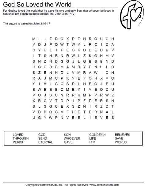 John 3 16 Word Search, For God So Loved The World Printable, God So Loved The World Craft, For God So Loved The World Craft, Jesus Printable, Easter Puzzles, Bible Search, Bible Word Searches, Kids Church Lessons