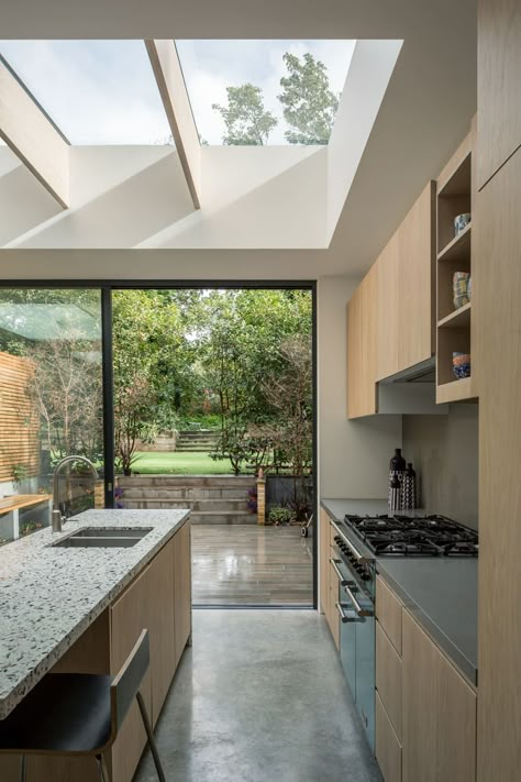 Kitchen Extension Skylight, Sky Lights In Kitchen, Lighting Ideas For Low Ceilings, Kitchen With Skylight, Terrace Makeover, Ideas For Low Ceilings, London Homes Interior, Kitchen Lighting Ideas For Low Ceilings, Kitchen Skylight