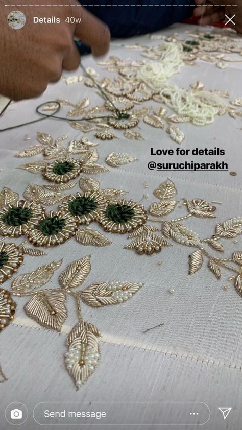 Moti Embroidery Designs, Zari Work Embroidery Design, Moti Work Embroidery, Zardosi Embroidery, Gold Work Embroidery, Zardozi Embroidery, Zari Embroidery, Motifs Perler, Beadwork Embroidery