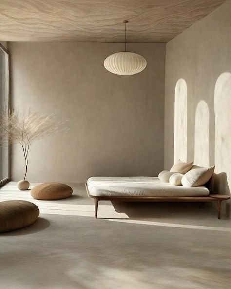 Minimalistic Dream Home in calming earth tones. Soothing beige lime wash walls, accentuated by the gentle curves of round arches. Stone and wood furniture add warmth and texture, embodying the essence of modern rustic charm. Which room is your favorite? 💖 #wabisabi #japandi #wabisabiinteriors #japandiinterior #aidesign #organicmodern #interiordesign #limewash Japandi Limewash, Sage Green Limewash Wall, Limewash Aesthetic, Limewash Walls Sage Green, Sage Green Lime Wash Wall, Lime Wash Walls, Limewash Walls, Washing Walls, Japandi Interior