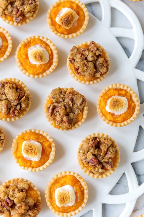 Mini Sweet Potato Casserole Bites | Pizzazzerie Sweet Potato Casserole Individual, Mini Sweet Potato Desserts, Mini Sweet Potato Casserole Bites, Appetizer With Sweet Potatoes, Sweet Potato Mini Muffins, Sweet Potato Party Food, Sweet Potato Tarts Mini, Sweet Potato Casserole Cups, Mini Thanksgiving Food