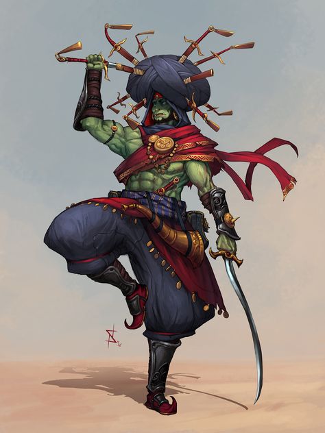 character concept male humanoid orcish oriental warrior wield sabre knife cloth torso elite Arabian Orc, Stephen Nickel Desenhos Gravity Falls, Concept Art Character, Dungeons And Dragons Characters, Dnd Art, Fantasy Warrior, Character Design Male, 판타지 아트, Fantasy Rpg, Fantasy Inspiration