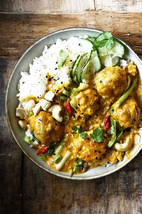 Thai Coconut Curry Chicken Meatballs Thai Coconut Curry Chicken Meatballs, Thai Meatball Recipes, Thai Curry Meatballs, Coconut Curry Chicken Crockpot, Coconut Curry Chicken Meatballs, Curry Chicken Meatballs, Thai Coconut Curry Chicken, Thai Coconut Curry, Curry Meatballs