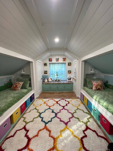 Built in twins make the most of the akward slanted ceilings and odd angles. Built In Bunk Beds Slanted Ceiling, Bunk Beds Slanted Ceiling, Slanted Ceiling Built In, Built In Twin Beds, Built In Bunk Beds, Alcove Bed, Bunk Beds Built In, Built In Bunks, Slanted Ceiling