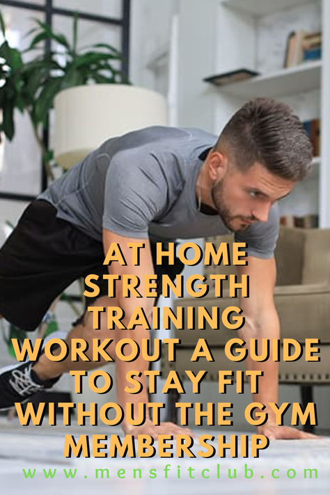 A person performing strength training exercises at home, using minimal equipment like dumbbells, resistance bands, and a yoga mat. The cozy living room setting features motivational elements like a water bottle and a fitness tracker. The workout includes moves like squats, deadlifts, and push-ups, emphasizing convenience and effectiveness for all fitness levels. Text overlay reads: 'At-Home Strength Training: Build Muscle, Stay Strong, No Gym Needed! Strength Training Plan For Women, Strength Training No Equipment, Training Plan For Women, Strength Training For Men, At Home Strength Training, Strength Training Plan, Strength Training Guide, Home Strength Training, Strongman Training