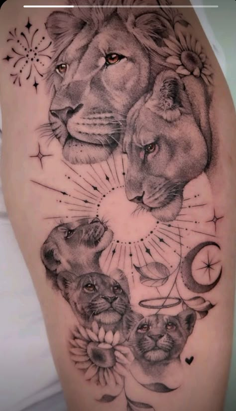 Lion And Lioness Couple Tattoo Design, Taurus And Leo Tattoo, Lion Family Tattoo For Women, Lion And Her Cubs Tattoo, Leo Tattoo For Women, Womens Shoulder Tattoo, Women's Shoulder Tattoo, Animal Tattoos For Women, Cute Thigh Tattoos