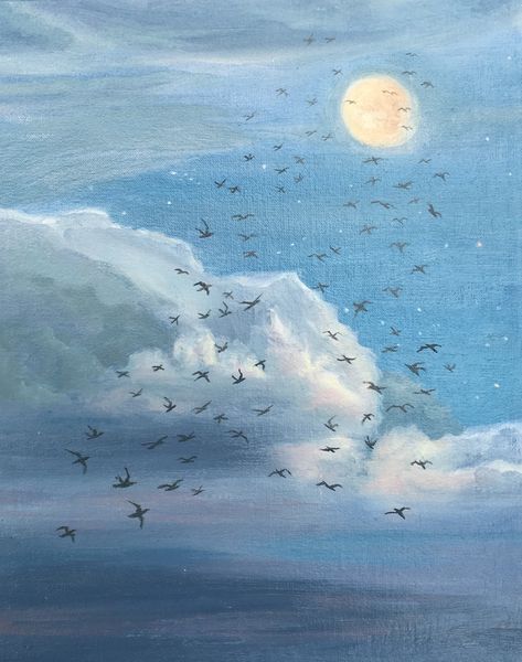 Are You Taking Me With You? A. This is a small oil sketch for the larger painting of the same name. Seabirds flock towards the moon in this nocturne. Will we be taking the seabirds with us into space? This painting measures 10' x 8" (25.4 x 20.3cm). Visit www.zydler.com for more bird paintings. Paintings come framed, shipping within the US is included. Flock Of Birds Painting, Oil Sketch, Bird Paintings, Flock Of Birds, Window Painting, Sea Birds, Birds Flying, Moon Art, Artist Websites