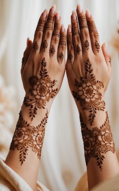 Henna Design For Bridesmaid, Henna Designs Bridal Simple, Modern Bridal Mehandi Designs, Simple Nikkah Mehndi, Henna Tattoo Designs Wedding, Indian Traditional Mehendi, Bridal Unique Mehndi Design, Bridal Mehendi Simple, Bengali Henna Design